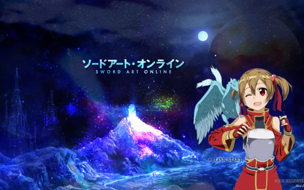HD background featuring Silica and her pet Pina from Sword Art Online, set against a vibrant, magical landscape with the title in both English and Japanese.