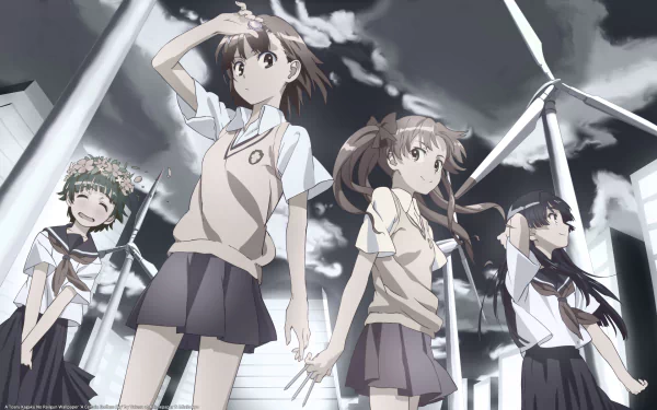HD anime wallpaper featuring Kazari Uiharu, Ruiko Saten, Kuroko Shirai, and Mikoto Misaka in school uniforms with skirts, set against a backdrop of wind turbines and a cloudy sky.