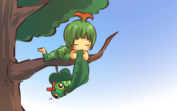 HD PC desktop wallpaper featuring an anime-style Caterpie Pokémon resting on a tree branch with a calm sky background.