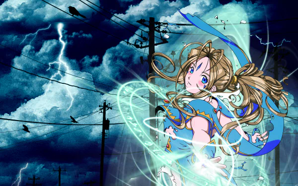 HD PC desktop wallpaper featuring an Anime character from Ah! My Goddess with lightning-filled stormy sky and magical glowing effects.