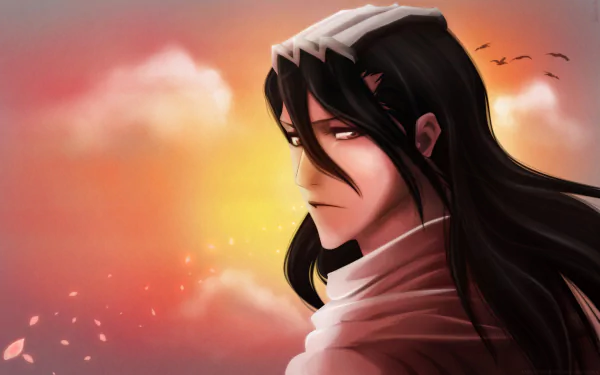 HD anime desktop wallpaper featuring Byakuya Kuchiki from Bleach, depicted with flowing black hair against a vibrant sunset sky with birds in the background.