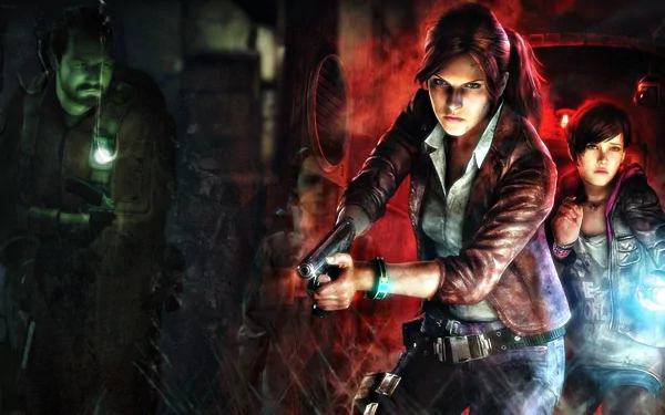 HD wallpaper from Resident Evil: Revelations 2 featuring characters in a tense, dark environment, ready for action against a backdrop of dramatic lighting and suspenseful atmosphere.