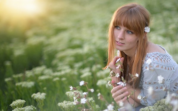 Women Mood Model Bokeh Outdoor Redhead Blue Eyes Freckles White Flower HD Wallpaper | Background Image