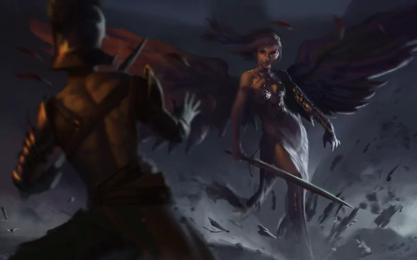 HD fantasy desktop wallpaper depicting an intense battle between a sword-wielding gladiator and a fierce angel warrior with dark wings amid a stormy backdrop.