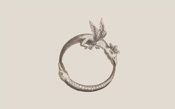 HD fantasy PC wallpaper featuring a detailed ouroboros with a dragon-like creature biting its own tail in a continuous circular design on a plain background.