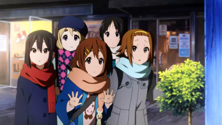 HD PC desktop wallpaper featuring Azusa Nakano, Tsumugi Kotobuki, Ritsu Tainaka, Yui Hirasawa, and Mio Akiyama from the anime K-ON! in a nighttime urban setting.