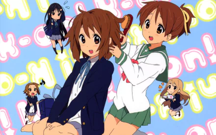 HD PC desktop wallpaper featuring anime characters Tsumugi Kotobuki, Ritsu Tainaka, Mio Akiyama, Yui Hirasawa, and Ui Hirasawa from K-ON! against a colorful background.