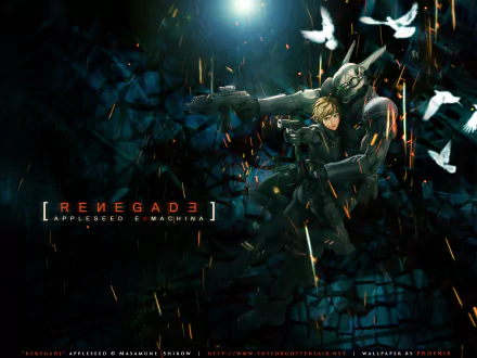 HD anime desktop wallpaper from Appleseed featuring a dynamic scene with two characters, including a armored figure, surrounded by dark, fragmented background elements.