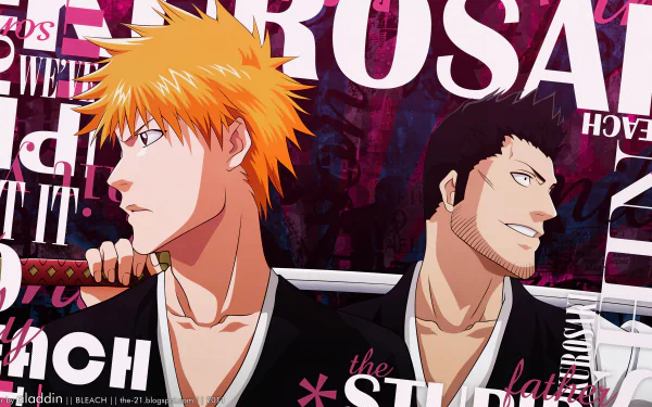 A vibrant 4K Ultra HD wallpaper featuring anime characters Isshin and Ichigo Kurosaki from Bleach, showcasing their dynamic poses against a bold background.