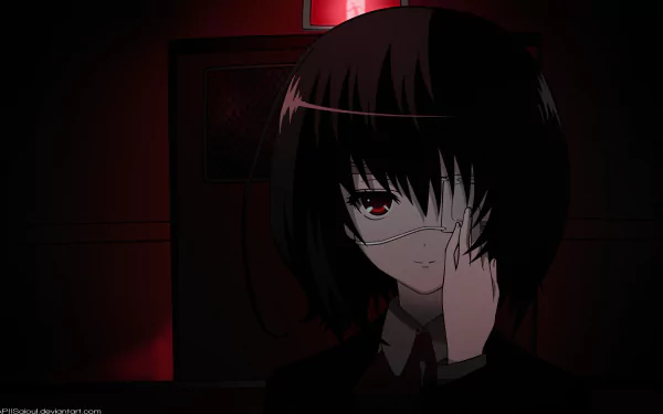 A striking HD wallpaper featuring Mei Misaki from the anime Another. She wears an eye patch, with a captivating expression against a dark, moody backdrop.