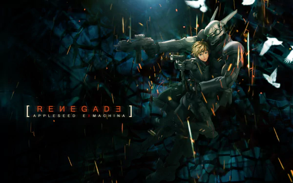 HD anime desktop wallpaper from Appleseed featuring a dynamic scene with two characters, including a armored figure, surrounded by dark, fragmented background elements.