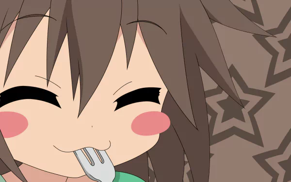 Chibi Misao Kusakabe from Lucky Star smiling with rosy cheeks and a fork, set against a star-patterned brown backdrop — HD anime PC desktop wallpaper.