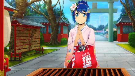 Anime-style Os-tan character in traditional attire holding a red bag, standing in a serene Japanese shrine setting; HD PC desktop wallpaper and background.