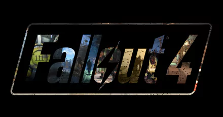 HD desktop wallpaper for the video game Fallout 4, featuring the game's logo with scenes from the game visible through the letters.