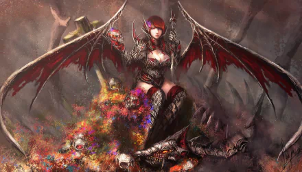 A fierce woman warrior adorned in ornate armor and dark wings sits triumphantly among skulls, embodying a powerful angelic dragon figure in a vivid fantasy scene.