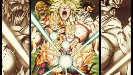 HD desktop wallpaper featuring Dragon Ball Z characters Trunks, Satan, Broly, Goten, Gohan, and Goku in an epic action scene with glowing auras and intense expressions.