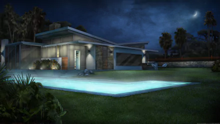 A nighttime scene from the TV show Archer, featuring a modern house with a glowing pool under a crescent moon in 4K Ultra HD quality.