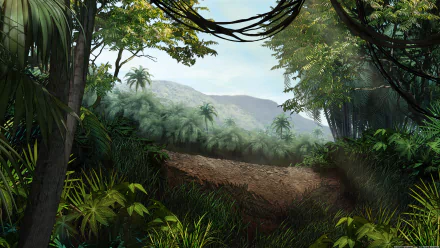 Lush jungle clearing with palms and distant mountains — Archer (TV Show) 5K Ultra HD PC desktop wallpaper and background.