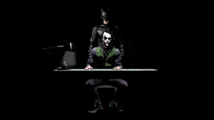 HD desktop wallpaper featuring Batman standing behind a seated Joker in a dark interrogation room from the movie The Dark Knight.