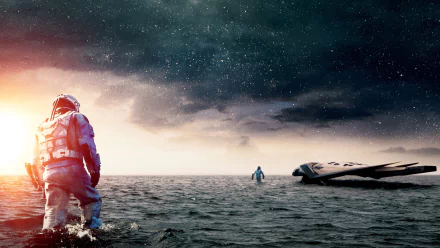Interstellar movie HD PC desktop wallpaper/background: two astronauts wade through a shallow ocean toward a damaged spacecraft beneath a dramatic, stormy sky.