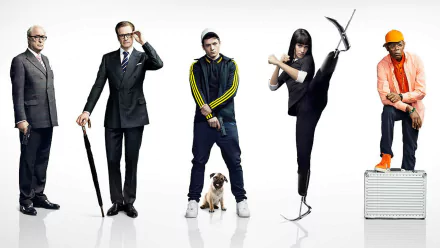 A dynamic HD wallpaper featuring the cast of Kingsman: The Secret Service, including Sofia Boutella, Taron Egerton, Samuel L. Jackson, Colin Firth, and Michael Caine, showcasing their iconic characters.