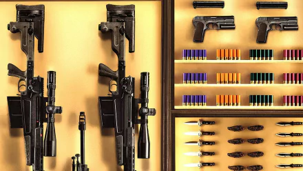 HD PC desktop wallpaper featuring an organized display of various firearms and ammunition inspired by the movie Kingsman: The Secret Service.