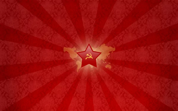 A vibrant HD wallpaper featuring a red background with rays, centered around a prominent star symbolizing communism, reflecting a man-made design.