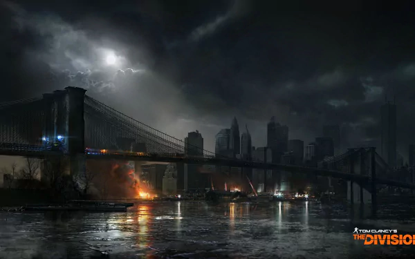 HD wallpaper for Tom Clancy's The Division, depicting a dark, stormy cityscape with a bridge and burning fires, creating a tense and dramatic atmosphere.
