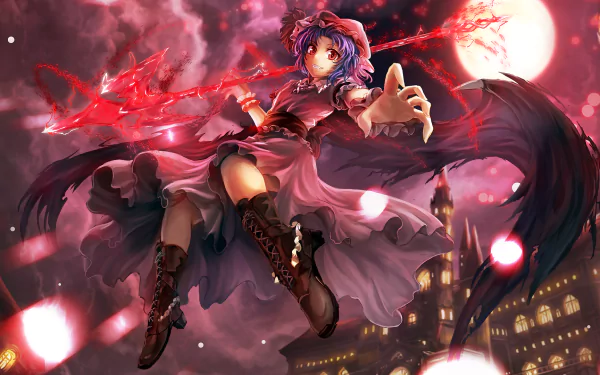 HD anime desktop wallpaper featuring Remilia Scarlet from Touhou, depicted with dynamic red and black tones and glowing moonlit background.
