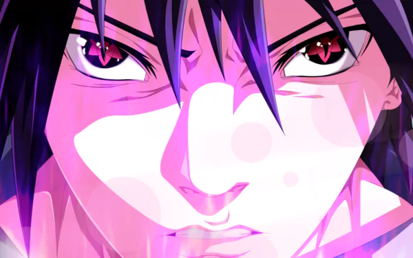 HD desktop wallpaper featuring Sasuke Uchiha from the anime Naruto, showcasing his intense Mangekyō Sharingan with a vibrant and dramatic color scheme.