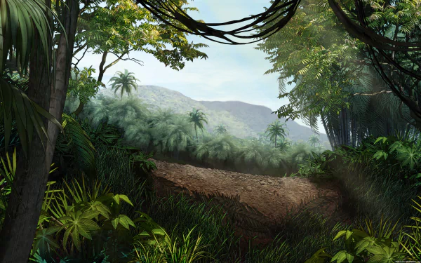 Lush jungle clearing with palms and distant mountains — Archer (TV Show) 5K Ultra HD PC desktop wallpaper and background.