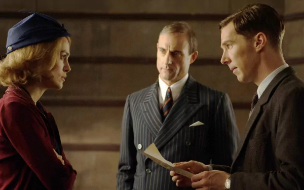 A scene from The Imitation Game featuring Keira Knightley and Benedict Cumberbatch, showcasing a tense moment between characters amidst a vintage backdrop.