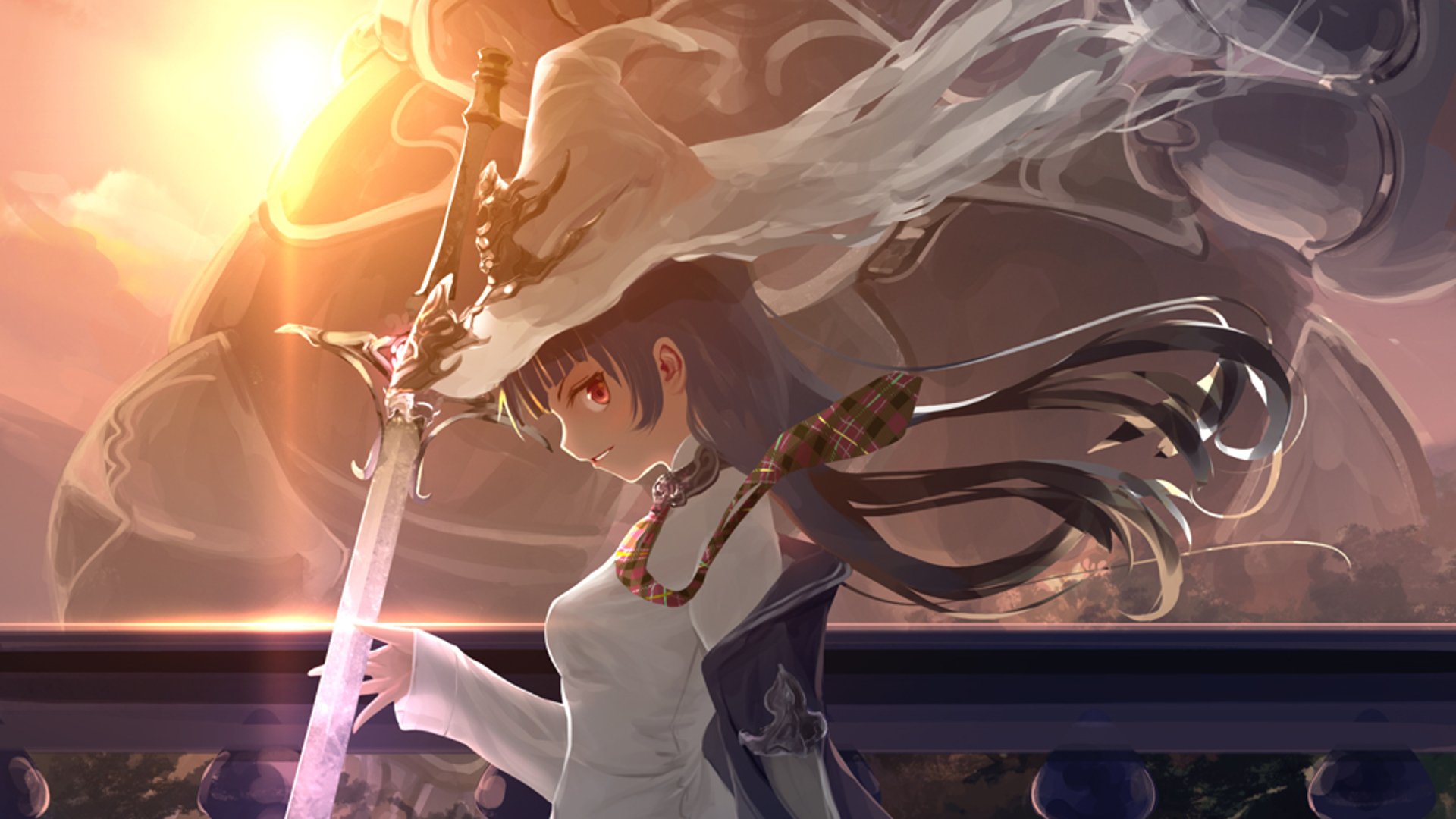 A striking anime character wearing a sunhat, wielding a sword, stands against a vibrant sunset, captured in this HD desktop wallpaper. An original scene brimming with artistry.