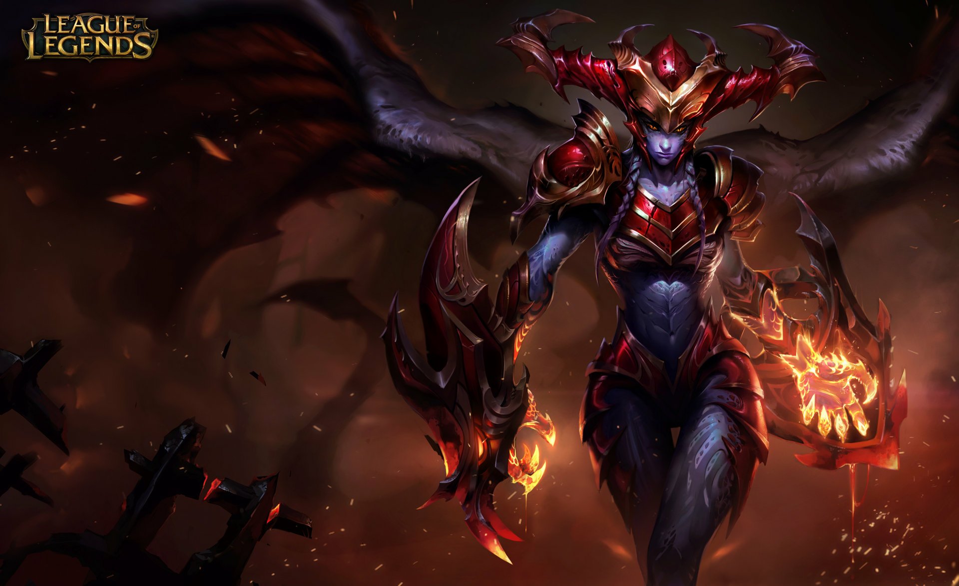 HD PC desktop wallpaper featuring Shyvana from the video game League of Legends, showcasing her fierce dragon form with fiery armor and wings in a dark, intense setting.