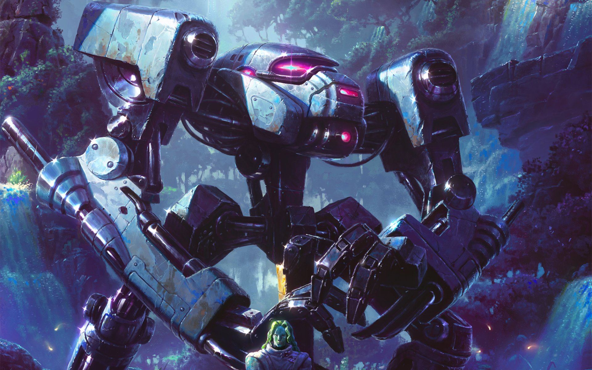 HD sci-fi desktop wallpaper featuring a detailed robot with glowing red eyes in a dark, futuristic environment.