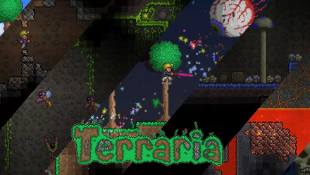 Vibrant HD wallpaper featuring scenes from the video game Terraria, showcasing exploration and adventure in a colorful, pixelated style.