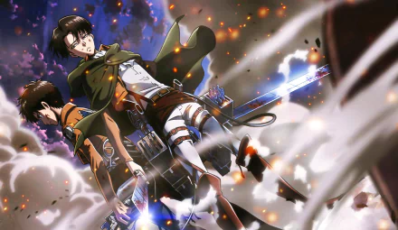 HD desktop wallpaper featuring Levi Ackerman and Eren Yeager from the anime Attack on Titan, showcasing them in dynamic battle poses surrounded by dramatic lighting and smoke.