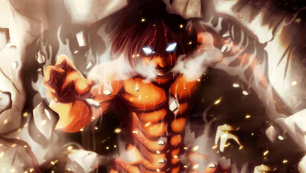 Anime-themed HD desktop wallpaper featuring Eren Yeager from Attack on Titan in his Titan form, breaking through a wall with an intense expression and glowing blue eyes.
