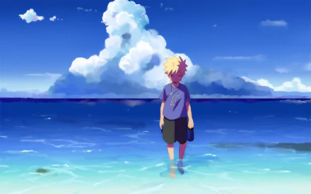 HD wallpaper featuring Naruto Uzumaki from the anime Naruto, standing in shallow ocean water under a clear blue sky with a beautiful cloud formation in the background.