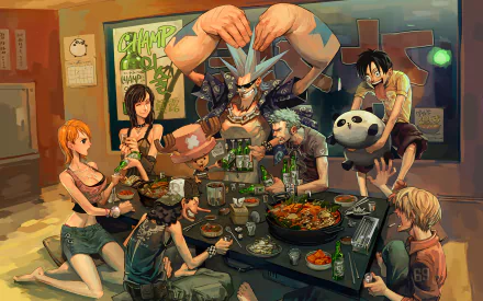 The HD desktop wallpaper features characters from One Piece enjoying a meal together. Characters include Tony Tony Chopper, Usopp, Sanji, Monkey D. Luffy, Roronoa Zoro, Franky, Nico Robin, and Nami.
