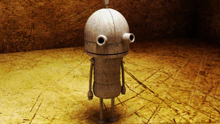 HD PC desktop wallpaper from the video game Machinarium: a small wooden robot with round eyes stands on a scratched yellow floor against a textured brown wall.
