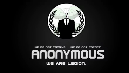 HD PC desktop wallpaper featuring the Anonymous logo, with a stylized figure in a suit and a globe background, accentuated by the phrase We do not forgive. We do not forget.