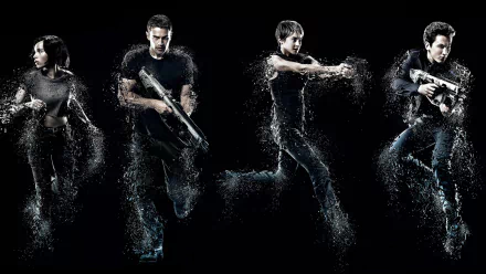 HD PC desktop wallpaper featuring the main characters from the movie Insurgent in dynamic action poses against a dark background.