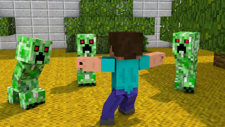 HD desktop wallpaper featuring a Minecraft character surrounded by three Creepers on a yellow ground with lush greenery in the background.