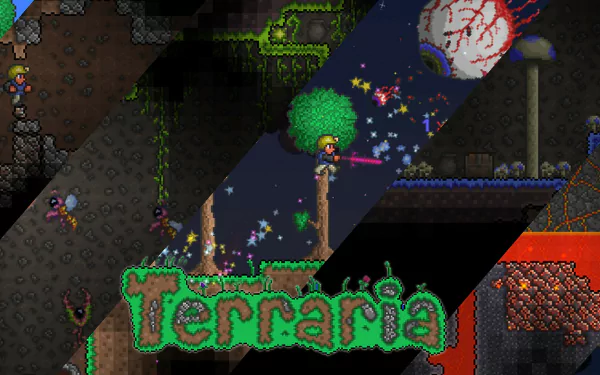 Vibrant HD wallpaper featuring scenes from the video game Terraria, showcasing exploration and adventure in a colorful, pixelated style.