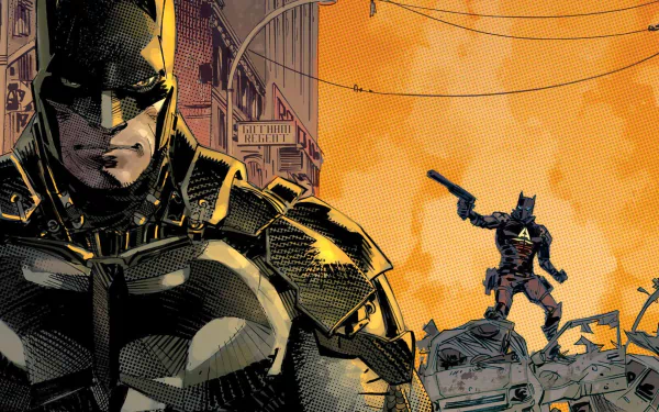 HD desktop wallpaper featuring Batman from Batman: Arkham Knight in a dynamic comic book-style illustration with an intense orange backdrop.