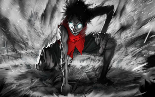 HD desktop wallpaper featuring Monkey D. Luffy from One Piece, depicted with glowing white eyes and dramatic black hair against a dynamic gray backdrop.