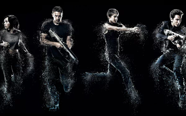 HD PC desktop wallpaper featuring the main characters from the movie Insurgent in dynamic action poses against a dark background.