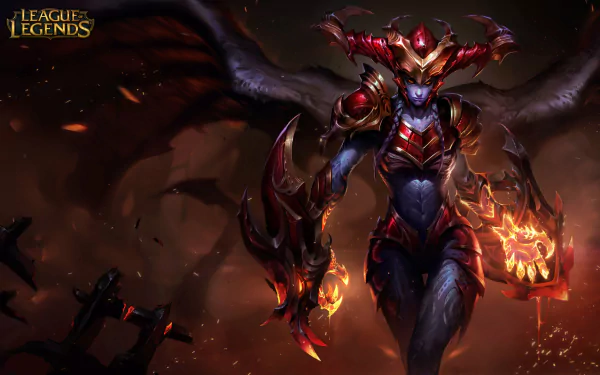 HD PC desktop wallpaper featuring Shyvana from the video game League of Legends, showcasing her fierce dragon form with fiery armor and wings in a dark, intense setting.