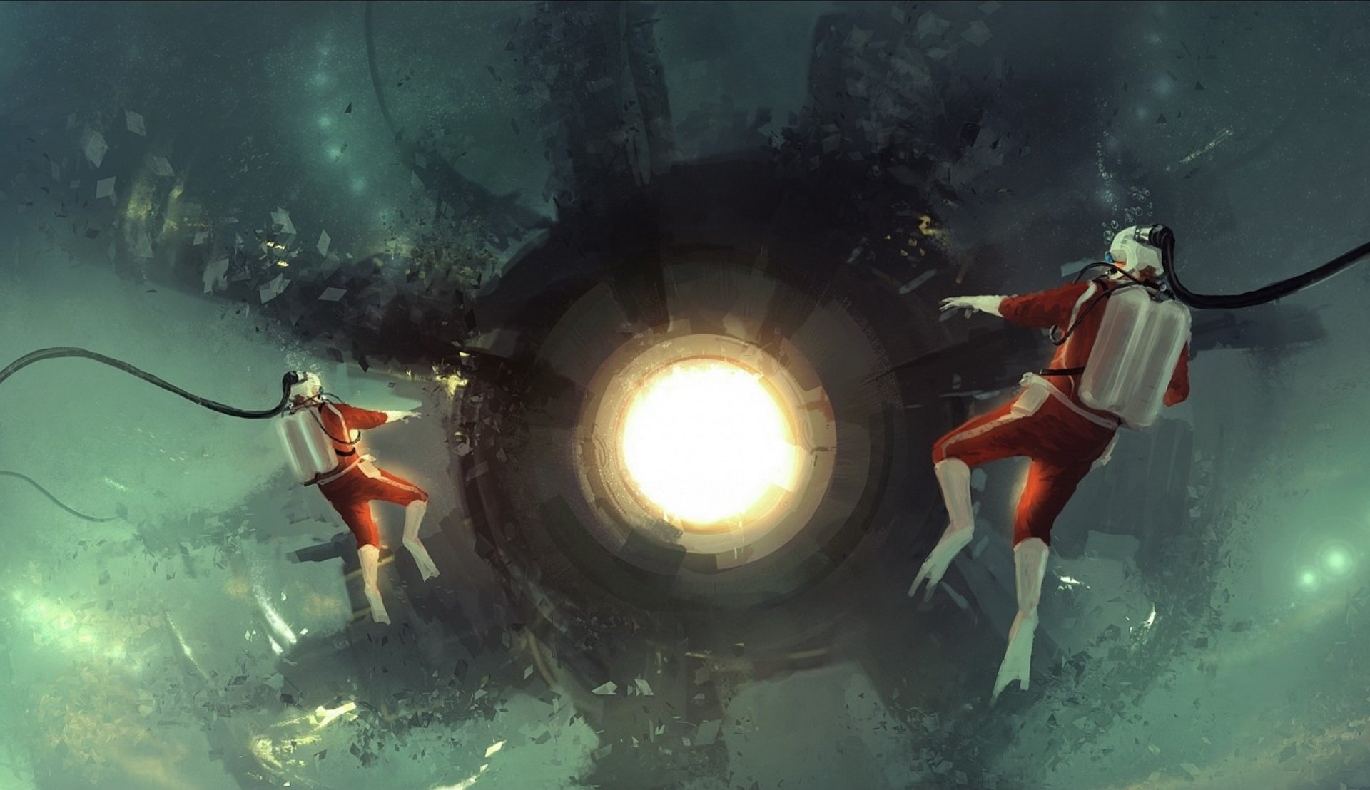 HD PC desktop wallpaper of two scuba divers exploring a glowing, fantastical underwater ocean scene with surreal lighting and deep aquatic colors.